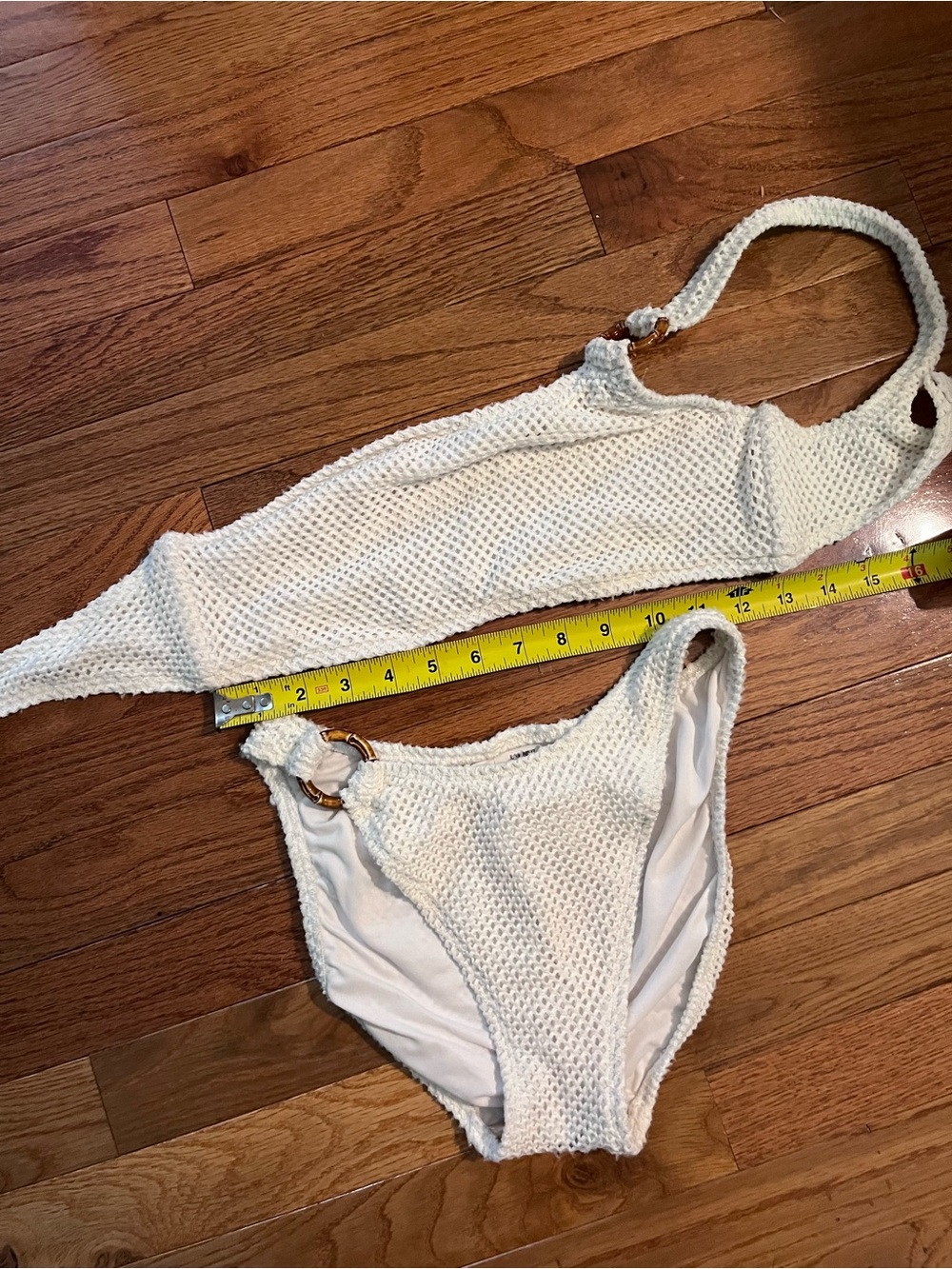 Vintage Baja Blue White Crochet French cut Bikini with Bamboo Ring Accents